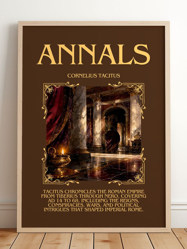 Annals Minimalist Book Poster by Cornelius Tacitus – framed print leaning on a wooden floor