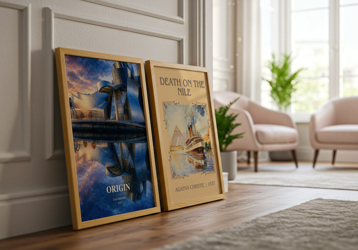 Origin watercolour print framed by window – literary home decor
