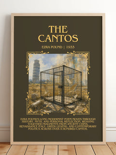 The Cantos Minimalist Book Poster by Ezra Pound – framed print leaning on a wooden floor