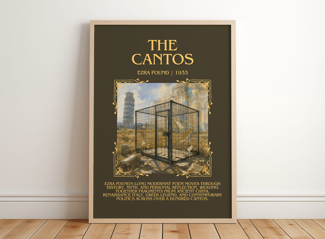 The Cantos Minimalist Book Poster by Ezra Pound – framed print leaning on a wooden floor