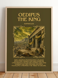 Oedipus the King Minimalist Book Poster by Sophocles – framed print leaning on a wooden floor