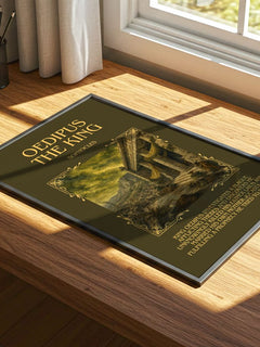 Oedipus the King Minimalist Book Poster by Sophocles – print on a sunlit desk