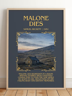 Malone Dies Minimalist Book Poster by Samuel Beckett – framed print leaning on a wooden floor