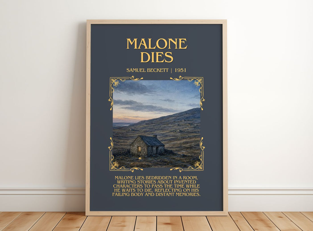Malone Dies Minimalist Book Poster by Samuel Beckett – framed print leaning on a wooden floor