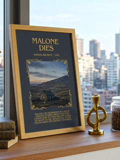 Malone Dies Minimalist Book Poster by Samuel Beckett – framed print on a city-view windowsill