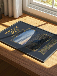 Malone Dies Minimalist Book Poster by Samuel Beckett – print on a sunlit desk
