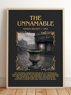 The Unnamable Minimalist Book Poster by Samuel Beckett – framed print leaning on a wooden floor