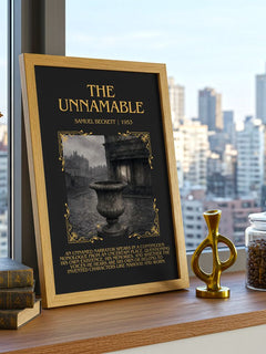 The Unnamable Minimalist Book Poster by Samuel Beckett – framed print on a city-view windowsill