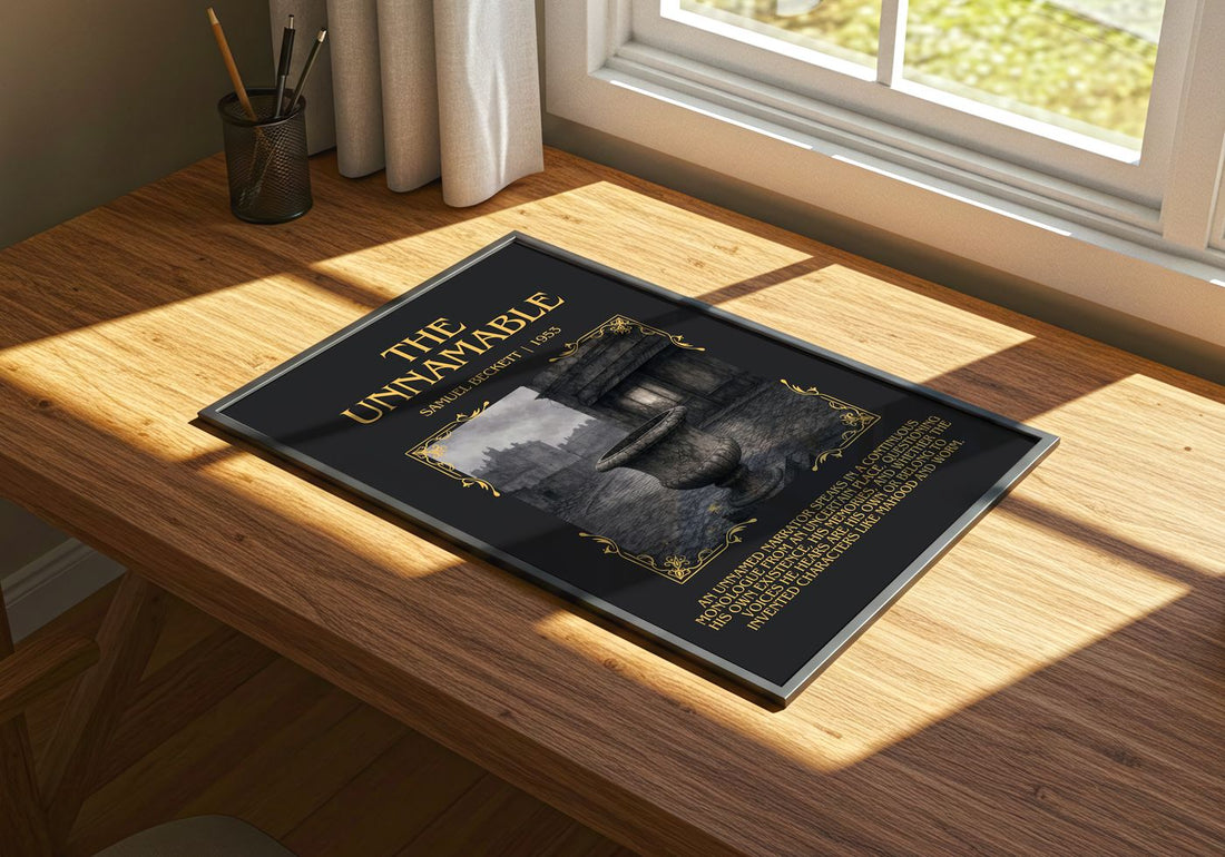 The Unnamable Minimalist Book Poster by Samuel Beckett – print on a sunlit desk