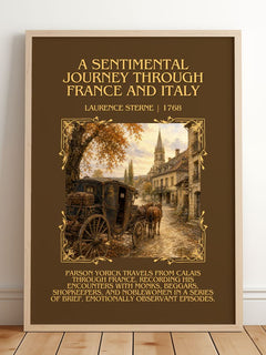 A Sentimental Journey Through France and Italy Minimalist Book Poster by Laurence Sterne – framed print leaning on a wooden floor