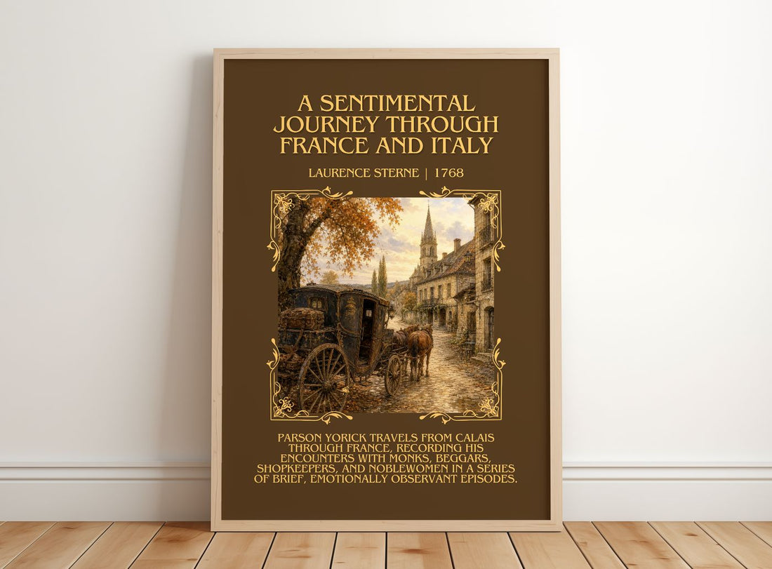 A Sentimental Journey Through France and Italy Minimalist Book Poster by Laurence Sterne – framed print leaning on a wooden floor