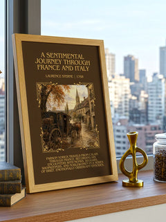 A Sentimental Journey Through France and Italy Minimalist Book Poster by Laurence Sterne – framed print on a city-view windowsill