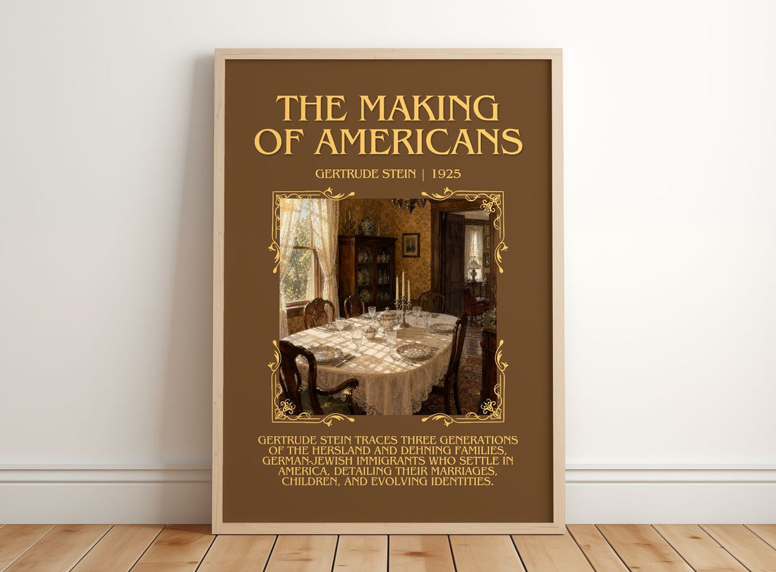The Making of Americans Minimalist Book Poster by Gertrude Stein – framed print leaning on a wooden floor