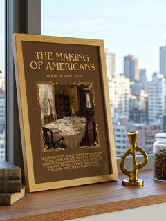 The Making of Americans Minimalist Book Poster by Gertrude Stein – framed print on a city-view windowsill
