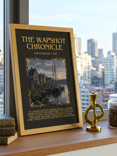 The Wapshot Chronicle Minimalist Book Poster by John Cheever – framed print on a city-view windowsill