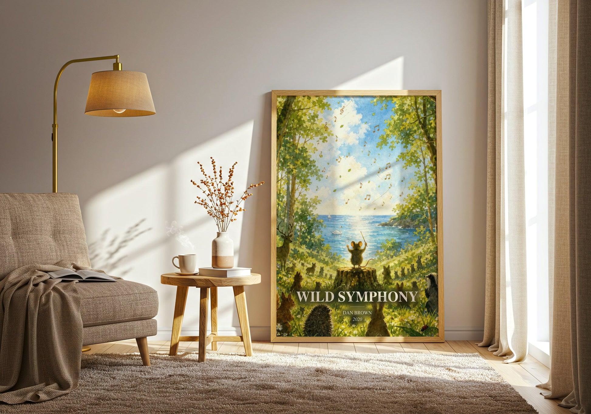 Wild Symphony watercolour print in frame leaning in hallway – childrens wall art