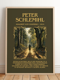 Peter Schlemihl Minimalist Book Poster by Adalbert von Chamisso – framed print leaning on a wooden floor