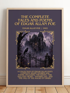 The Complete Tales and Poems of Edgar Allan Poe Minimalist Book Poster by Edgar Allan Poe – framed print leaning on a wooden floor