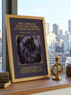 The Complete Tales and Poems of Edgar Allan Poe Minimalist Book Poster by Edgar Allan Poe – framed print on a city-view windowsill