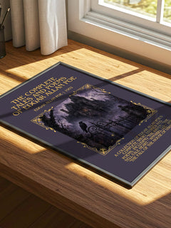 The Complete Tales and Poems of Edgar Allan Poe Minimalist Book Poster by Edgar Allan Poe – print on a sunlit desk