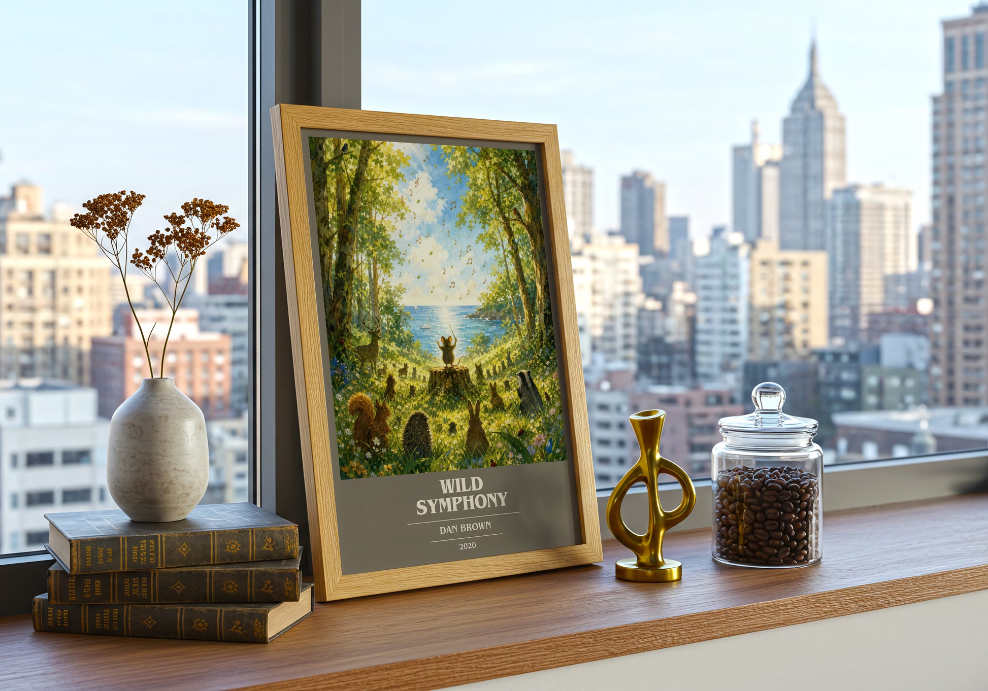 Wild Symphony book cover print framed by window – literary home decor