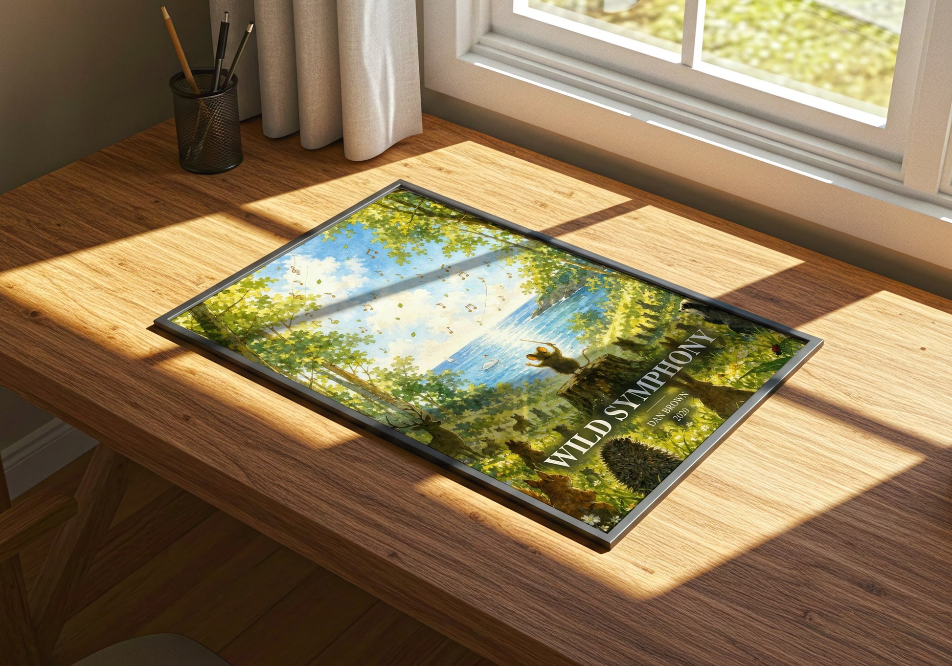 Wild Symphony watercolour book poster framed on wall – childrens wall art
