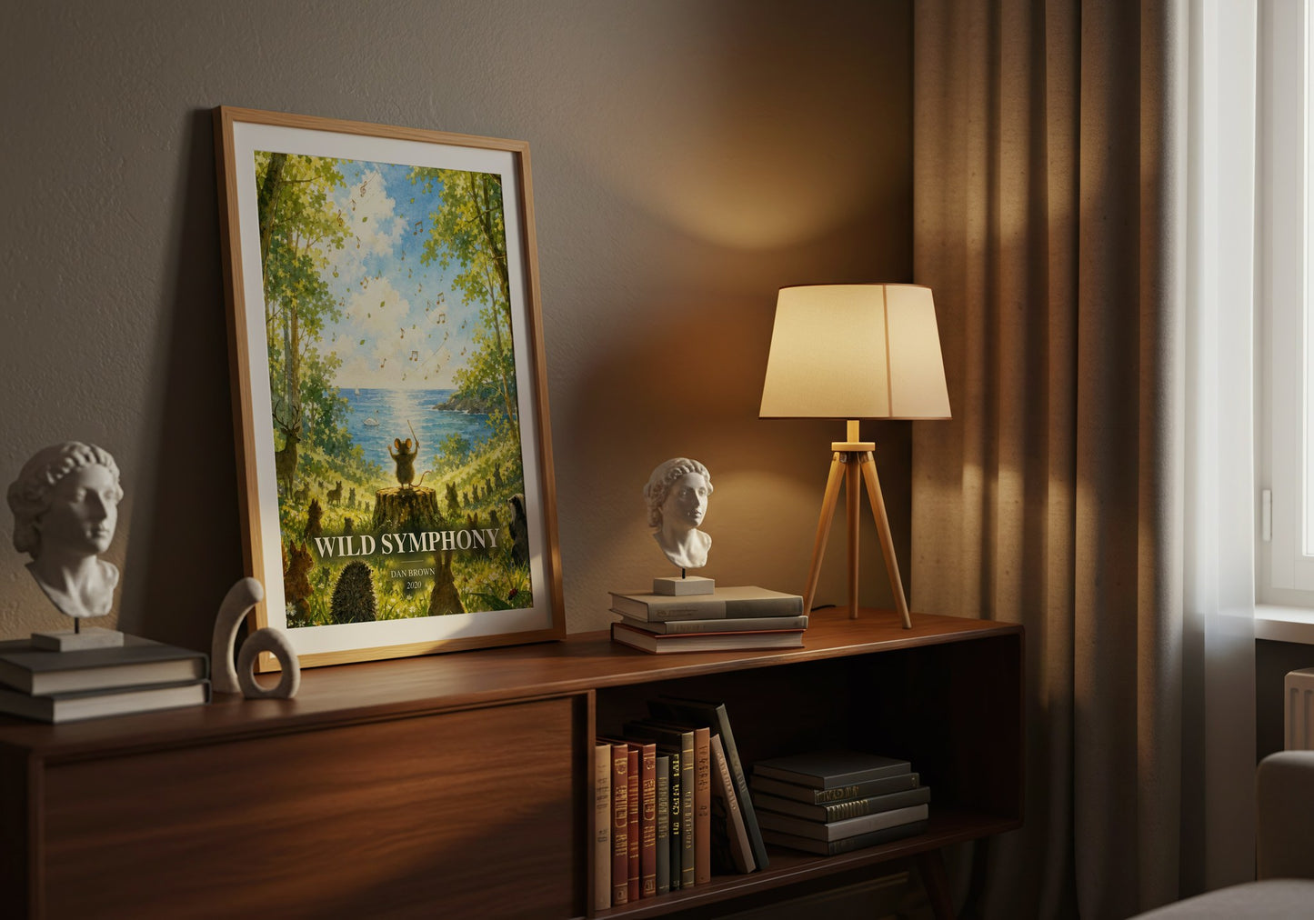 Wild Symphony watercolour print on bookshelf – Dan Brown fan gift