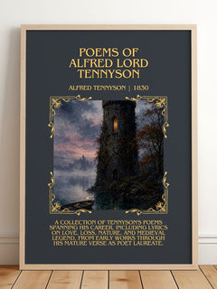 Poems of Alfred Lord Tennyson Minimalist Book Poster by A. Tennyson – framed print leaning on a wooden floor