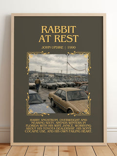 Rabbit at Rest Minimalist Book Poster by John Updike – framed print leaning on a wooden floor