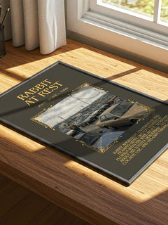 Rabbit at Rest Minimalist Book Poster by John Updike – print on a sunlit desk