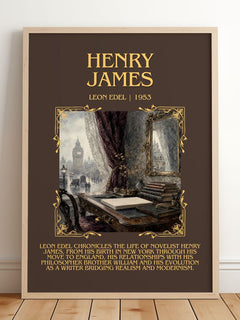 Henry James Minimalist Book Poster by Leon Edel – framed print leaning on a wooden floor
