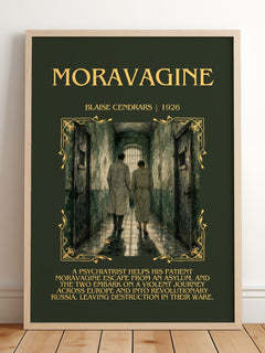Moravagine Minimalist Book Poster by Blaise Cendrars – framed print leaning on a wooden floor