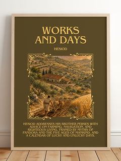 Works and Days Minimalist Book Poster by Hesiod – framed print leaning on a wooden floor