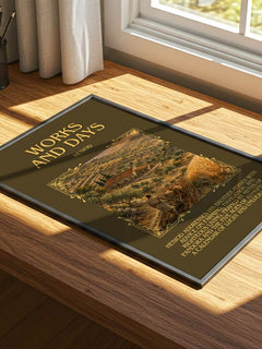Works and Days Minimalist Book Poster by Hesiod – print on a sunlit desk