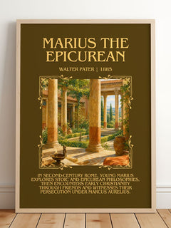 Marius the Epicurean Minimalist Book Poster by Walter Pater – framed print leaning on a wooden floor