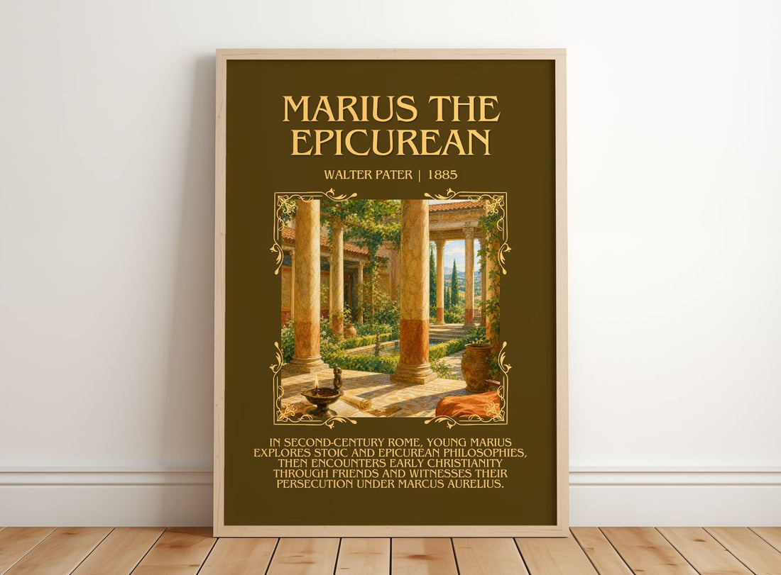 Marius the Epicurean Minimalist Book Poster by Walter Pater – framed print leaning on a wooden floor