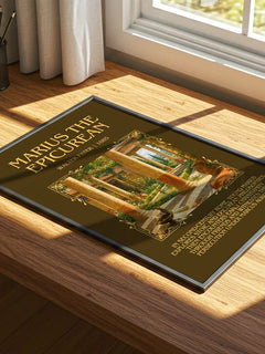 Marius the Epicurean Minimalist Book Poster by Walter Pater – print on a sunlit desk
