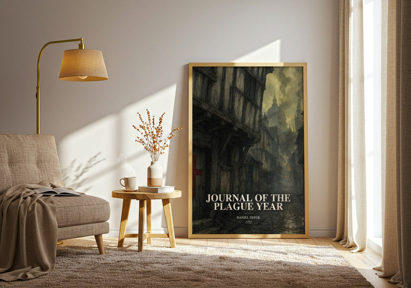 Journal Of The Plague Year watercolour print in frame leaning in hallway – historical fiction wall art