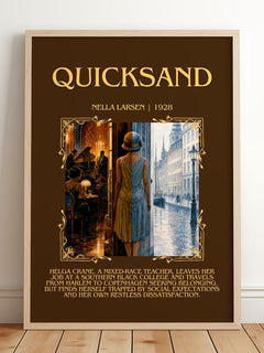 Quicksand Minimalist Book Poster by Nella Larsen – framed print leaning on a wooden floor