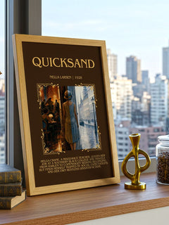 Quicksand Minimalist Book Poster by Nella Larsen – framed print on a city-view windowsill