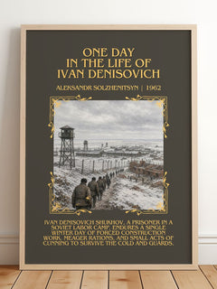 One Day in the Life of Ivan Denisovich Minimalist Book Poster by Aleksandr Solzhenitsyn – framed print leaning on a wooden floor