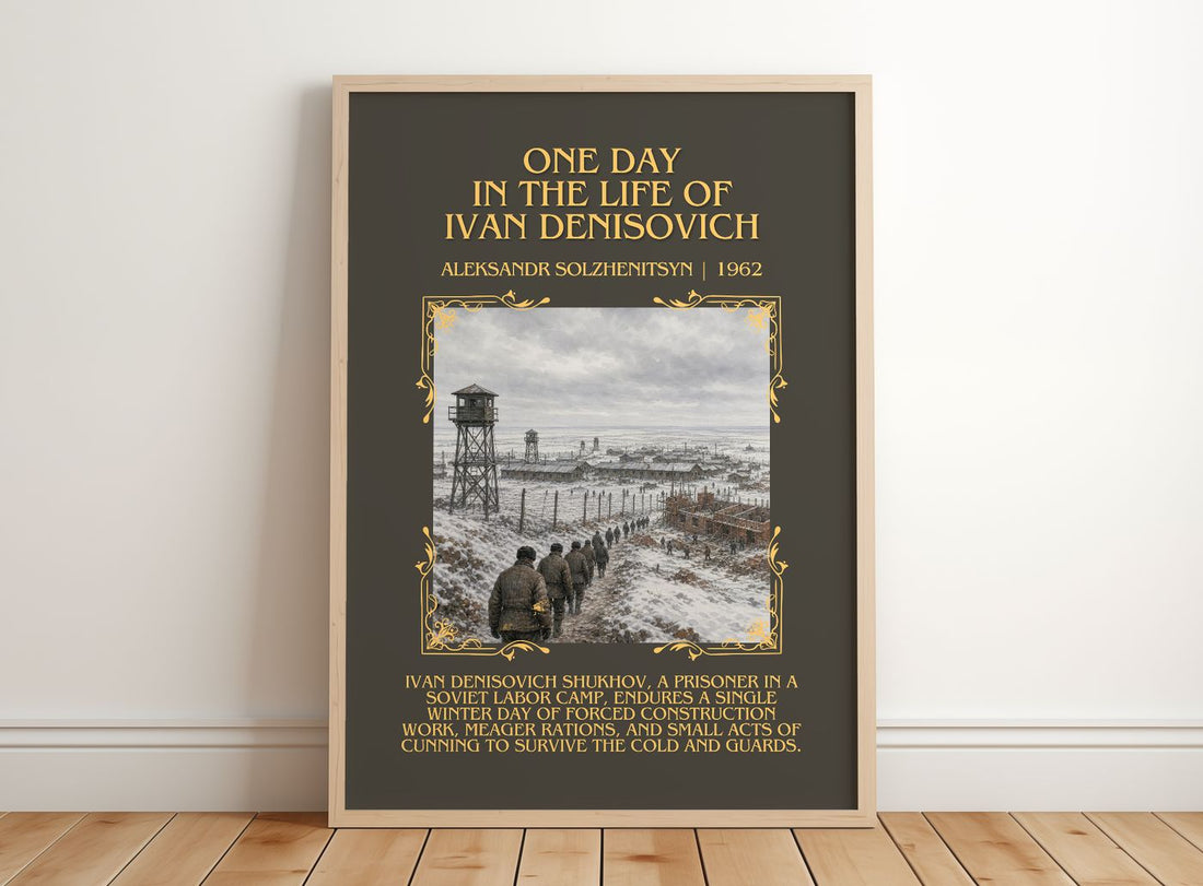One Day in the Life of Ivan Denisovich Minimalist Book Poster by Aleksandr Solzhenitsyn – framed print leaning on a wooden floor