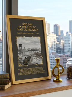 One Day in the Life of Ivan Denisovich Minimalist Book Poster by Aleksandr Solzhenitsyn – framed print on a city-view windowsill