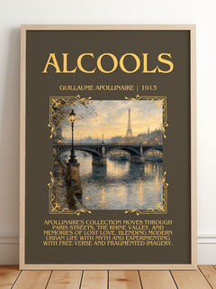 Alcools Minimalist Book Poster by Guillaume Apollinaire – framed print leaning on a wooden floor