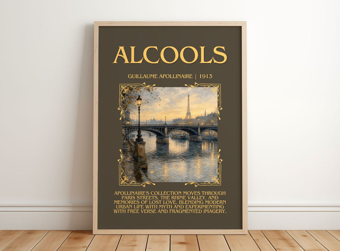 Alcools Minimalist Book Poster by Guillaume Apollinaire – framed print leaning on a wooden floor