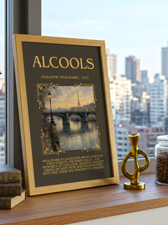 Alcools Minimalist Book Poster by Guillaume Apollinaire – framed print on a city-view windowsill
