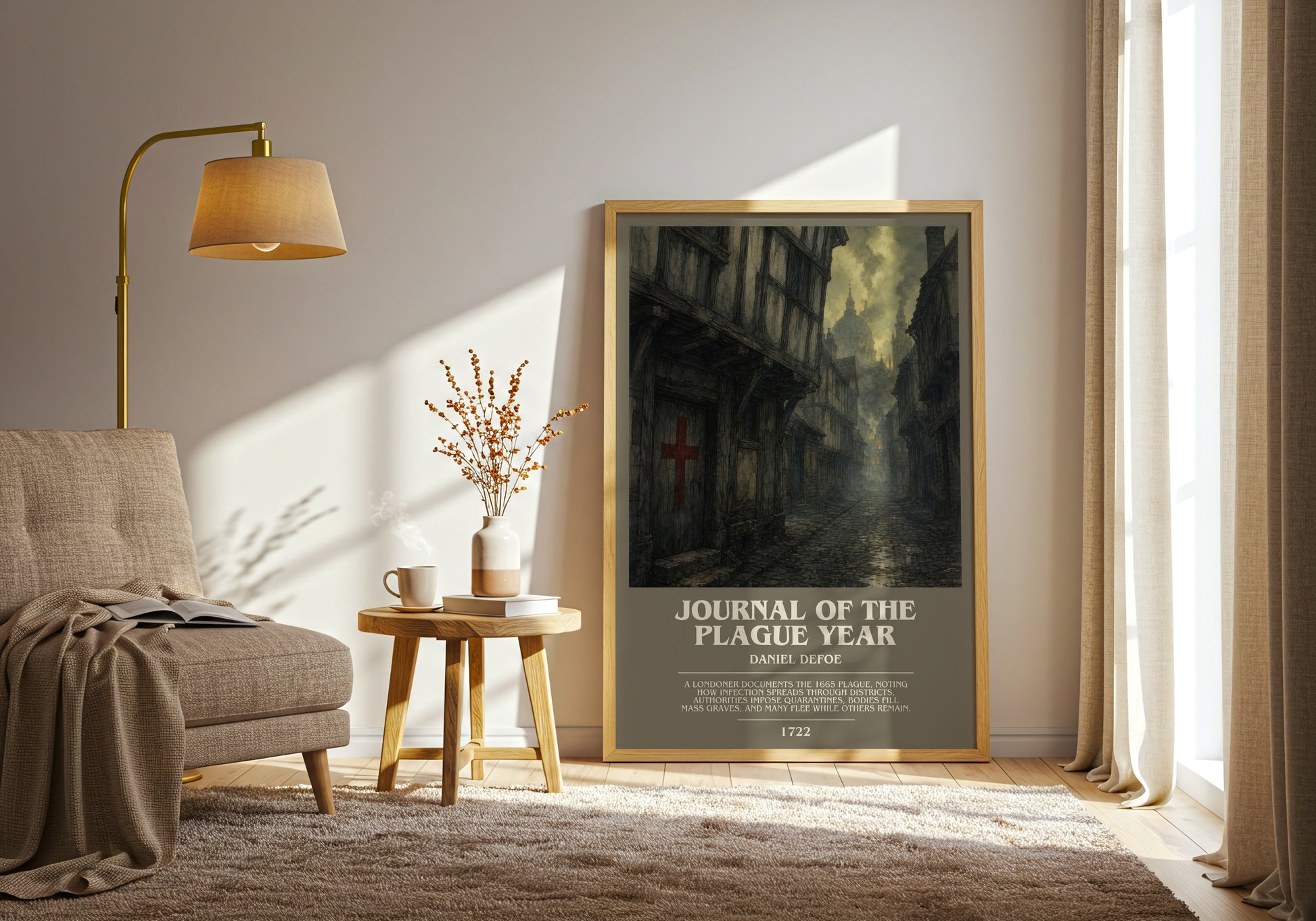 Journal Of The Plague Year bookish print on bookshelf – Daniel Defoe fan gift