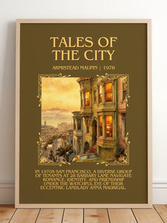 Tales of the City Minimalist Book Poster by Armistead Maupin – framed print leaning on a wooden floor