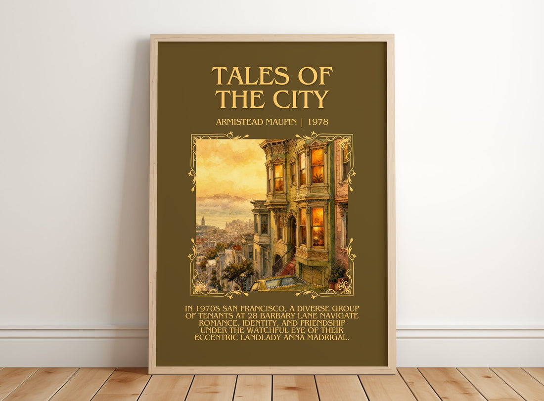 Tales of the City Minimalist Book Poster by Armistead Maupin – framed print leaning on a wooden floor