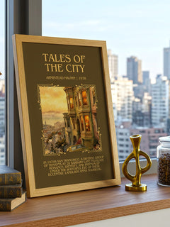 Tales of the City Minimalist Book Poster by Armistead Maupin – framed print on a city-view windowsill